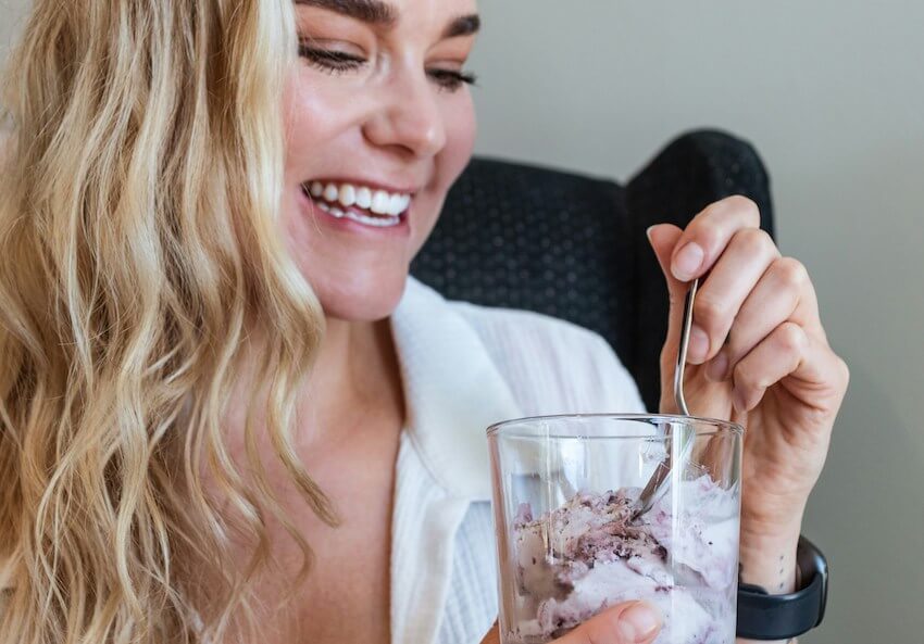 woman eating homemade ice cream